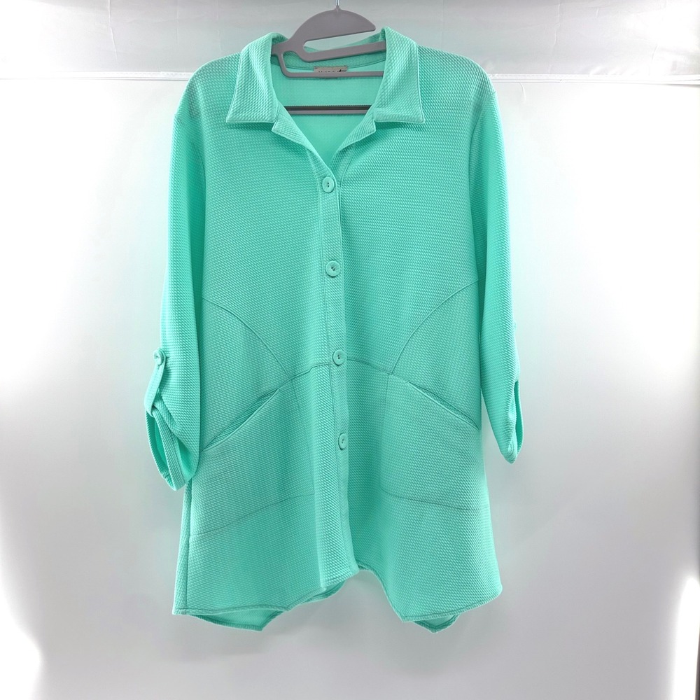 Multiples (mint green) Lightweight Waffle Knit‎ Button Up Tunic Women Size M